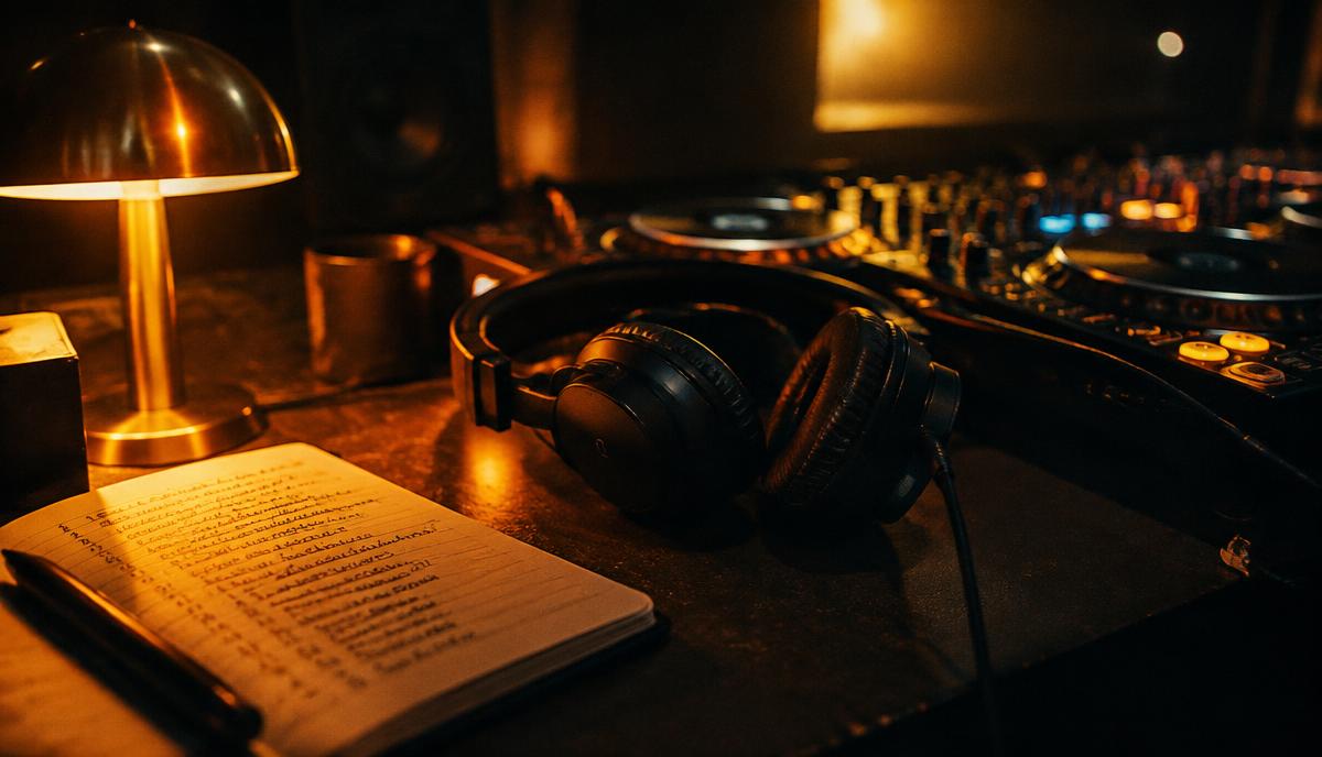 Тетрадь с треклистом и наушники на DJ-пульте